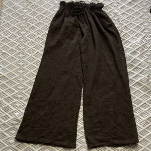 By Coco New Wide Leg 100% Cotton Gauze High Rise Elastic Waist Dark Brown Pants